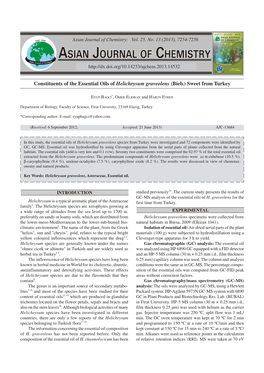 Constituents of the Essential Oils of Helichrysum Graveolens (Bieb.) Sweet from Turkey