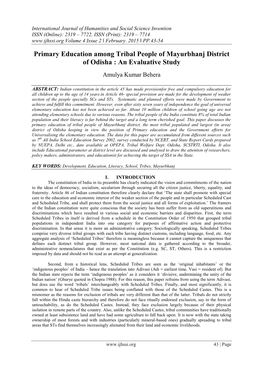 Primary Education Among Tribal People of Mayurbhanj District of Odisha : an Evaluative Study