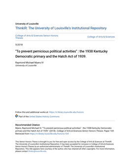 "To Prevent Pernicious Political Activities" : the 1938 Kentucky Democratic Primary and the Hatch Act of 1939