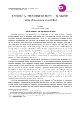 Economist1 (2108): Competition Theory—The Forgotten Theory of Incomplete Competition