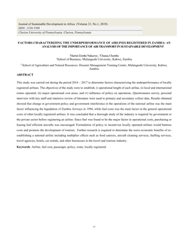 Factors Characterizing the Underperformance of Airlines Registered in Zambia: an Analysis of the Importance of Air Transport in Sustainable Development