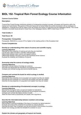 BIOL 152- Tropical Rain Forest Ecology Course Information