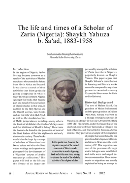 The Life and Times of a Scholar of Zaria (Nigeria): Shaykh Yahuza B. Sa‘Ad, 1883-1958