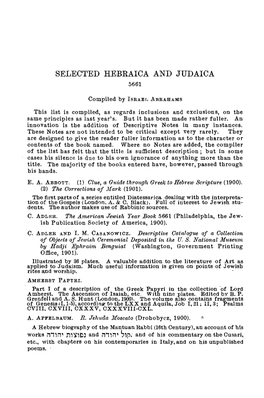 Selected Hebraica and Judaica 5661