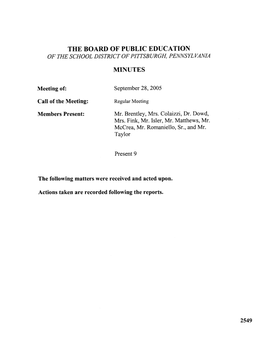 The Board of Public Education of the School District of Pittsburgh, Pennsyl Vania Minutes