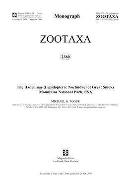 Zootaxa, the Hadeninae (Lepidoptera