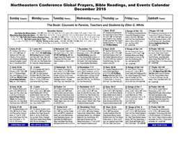 Northeastern Conference Global Prayers, Bible Readings, and Events Calendar December 2016