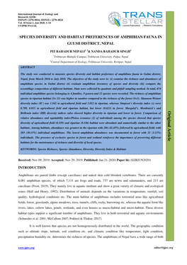 Species Diversity and Habitat Preferences of Amphibian Fauna in Gulmi District, Nepal