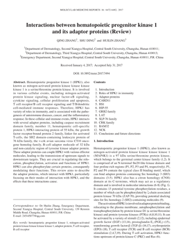 Interactions Between Hematopoietic Progenitor Kinase 1 and Its Adaptor Proteins (Review)