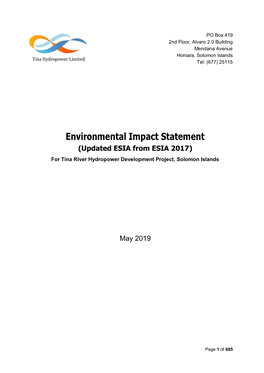 Environmental Impact Statement (Updated ESIA from ESIA 2017) for Tina River Hydropower Development Project, Solomon Islands