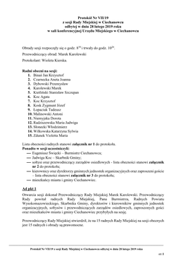 Protokół Nr VII/19 Z Sesji Rady Miejskiej W Ciechanowcu Odbytej W Dniu 28 Lutego 2019 Roku W Sali Konferencyjnej Urzędu Miejskiego W Ciechanowcu