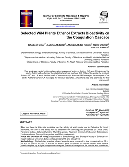 Selected Wild Plants Ethanol Extracts Bioactivity on the Coagulation Cascade