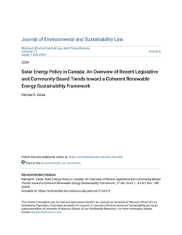 Solar Energy Policy in Canada: an Overview of Recent Legislative and Community-Based Trends Toward a Coherent Renewable Energy Sustainability Framework