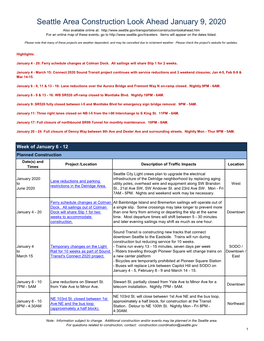 Seattle Area Construction Look Ahead January 9, 2020