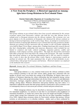 A View from the Periphery: a Historical Appraisal on Annang- Igbo Inter-Group Relations in Pre-Colonial Times