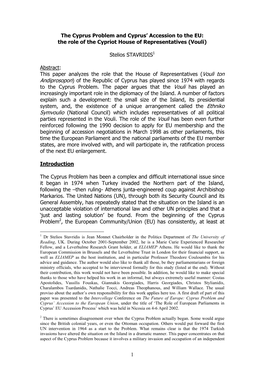 The Cyprus Problem and Cyprus' Accession to the EU: the Role Of