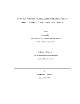Paranoia, Politics, and Mccarthyism in the 1950 Florida Democratic Primary