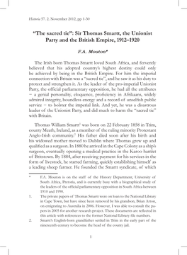 “The Sacred Tie”: Sir Thomas Smartt, the Unionist Party and the British Empire, 1912–1920