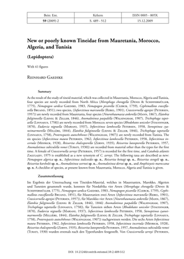New Or Poorly Known Tineidae from Mauretania, Morocco, Algeria, and Tunisia