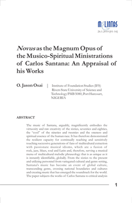 Novus As the Magnum Opus of the Musico-Spiritual Ministrations of Carlos Santana: an Appraisal of His Works