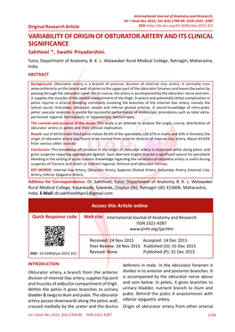 VARIABILITY of ORIGIN of OBTURATOR ARTERY and ITS CLINICAL SIGNIFICANCE Sakthivel *, Swathi Priyadarshini