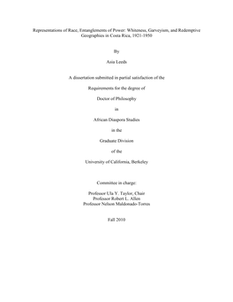 Representations of Race, Entanglements of Power: Whiteness, Garveyism, and Redemptive Geographies in Costa Rica, 1921-1950