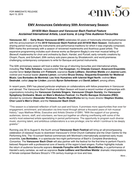 EMV Announces Celebratory 50Th Anniversary Season