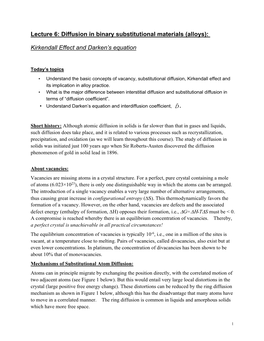 Lecture 6: Diffusion in Binary Substitutional Materials (Alloys)