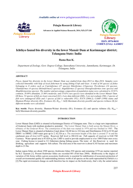 Ichthyo Faunal Bio Diversity in the Lower Manair Dam at Karimnagar District; Telangana State: India