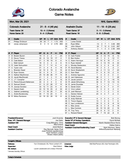 Colorado Avalanche Game Notes