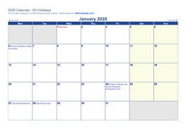 2020 Calendar - EU Holidays This Full Year Calendar Is in PDF Format for Easy Printing