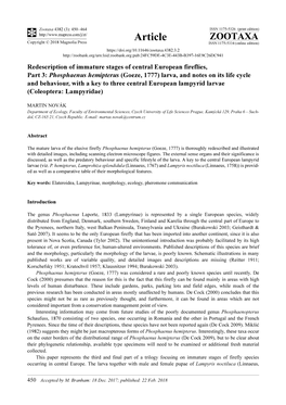 Phosphaenus Hemipterus (Goeze, 1777) Larva, and Notes on Its Life Cycle and Behaviour, with a Key to Three Central European Lampyrid Larvae (Coleoptera: Lampyridae)