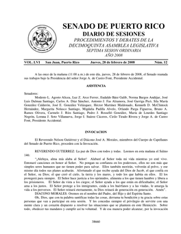 Senado De Puerto Rico Diario De Sesiones Procedimientos Y Debates De La Decimoquinta Asamblea Legislativa Septima Sesion Ordinaria Año 2008 Vol
