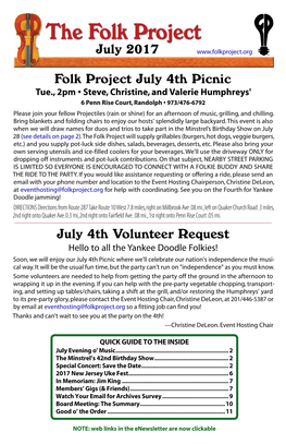 July 2017 Folk Project July 4Th Picnic July 4Th Volunteer Request