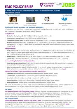 EMC POLICY BRIEF a Weekly Round up of Local Government News in the East Midlands Brought to You by East Midlands Councils Top Items This Week 14 MAY 2021