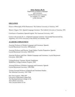 Alicia Partnoy, Ph. D. Department of Modern Languages and Literatures Loyola Marymount University Los Angeles, CA. 90045 (310) 338-3011
