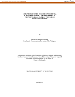 Metaphorizing the Philippine Presidency: Schemas of Presidential Leadership in the Post-Marcos State of the Nation Addresses (1987-2009)