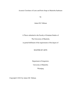 Acoustic Correlates of Lenis and Fortis Stops in Manitoba Saulteaux By