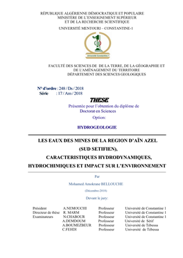 Les Eaux Des Mines De La Region D'aïn Azel (Sud Setifien), Caracteristiques Hydrodynamiques, Hydrochimiques Et Impact Sur L