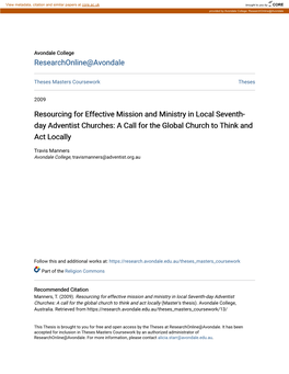 Resourcing for Effective Mission and Ministry in Local Seventh-Day Adventist Churches: a Call for the Global Church to Think and Act Locally (Master's Thesis)