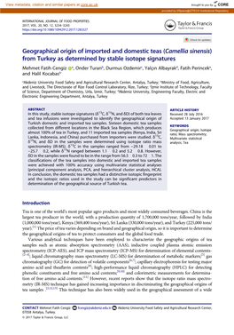 Geographical Origin of Imported and Domestic Teas (Camellia