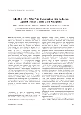 NLCQ-1 (NSC 709257) in Combination with Radiation Against Human Glioma U251 Xenografts