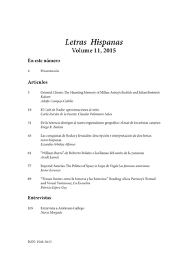 Letras Hispanas Volume 11, 2015 En Este Número