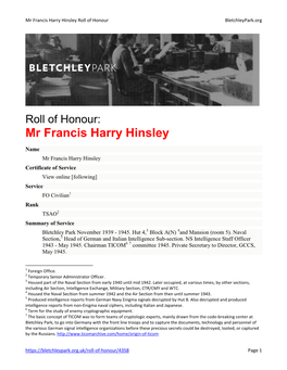 Mr Francis Harry Hinsley Roll of Honour Bletchleypark.Org