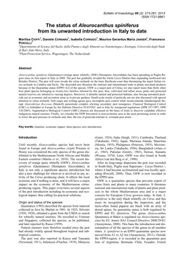 The Status of Aleurocanthus Spiniferus from Its Unwanted Introduction in Italy to Date