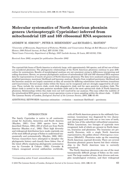 Molecular Systematics of North American Phoxinin Genera (Actinopterygii: Cyprinidae) Inferred from Mitochondrial 12S and 16S Ribosomal RNA Sequences