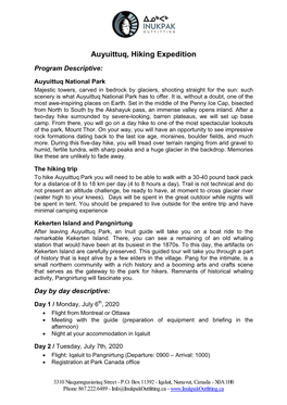 Auyuittuq, Hiking Expedition Program Descriptive