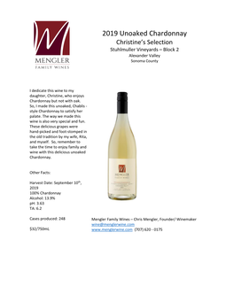 2019 Unoaked Chardonnay Christine’S Selection Stuhlmuller Vineyards – Block 2 Alexander Valley Sonoma County