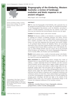 Biogeography of the Kimberley, Western Australia: a Review of Landscape Evolution and Biotic Response in an Ancient Refugium Mitzy Pepper* and J