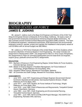 Biography United States Air Force James E. Judkins